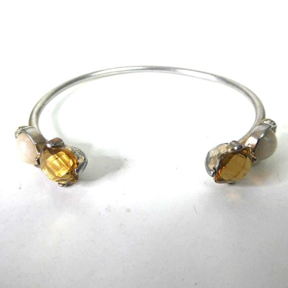 Rhinestone Silver Tone Cuff Bracelet Sparkly Yellow Amber Round Stone Modern - Picture 1 of 6